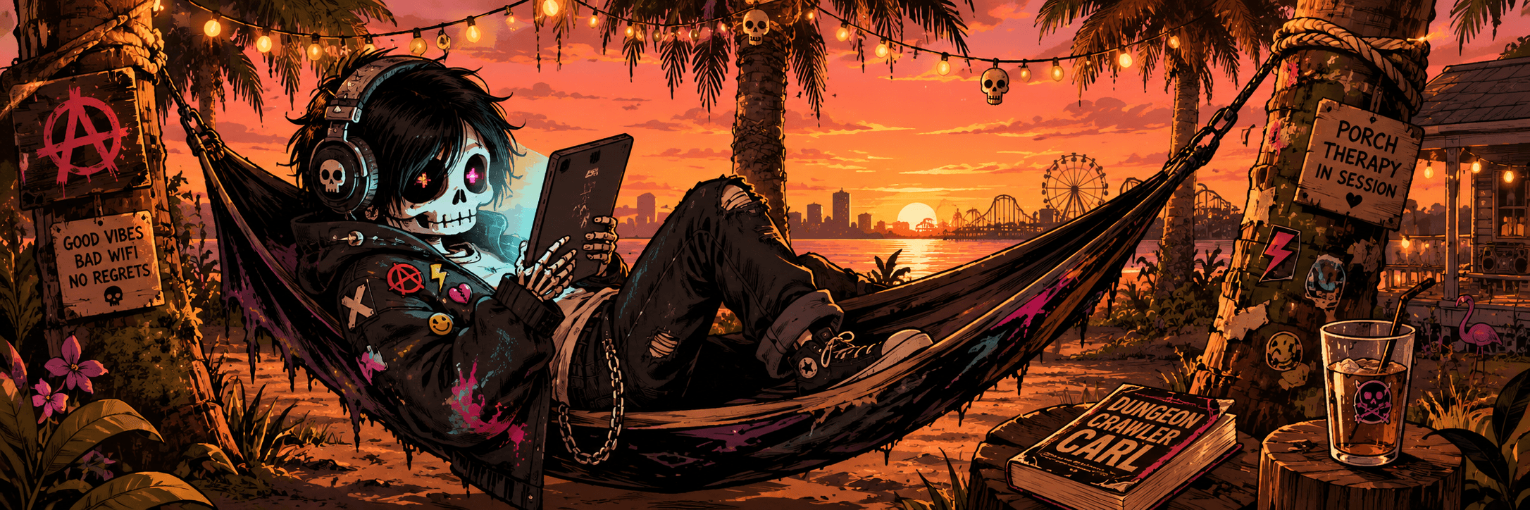 Books channel banner — Kid Ghost reading on a tablet in a golden-hour hammock