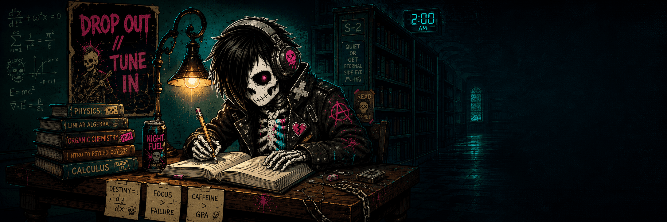 Cram channel banner — Kid Ghost grinding flashcards in a late-night punk library