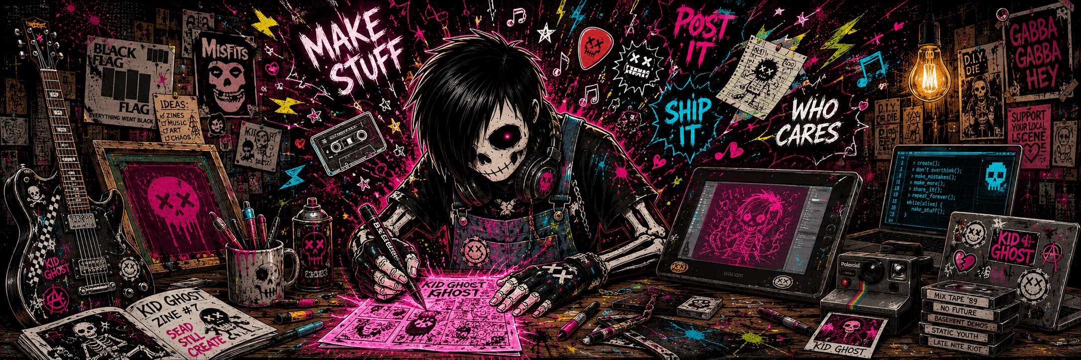 Creativity channel banner — Kid Ghost at a DIY workbench with creative output radiating outward