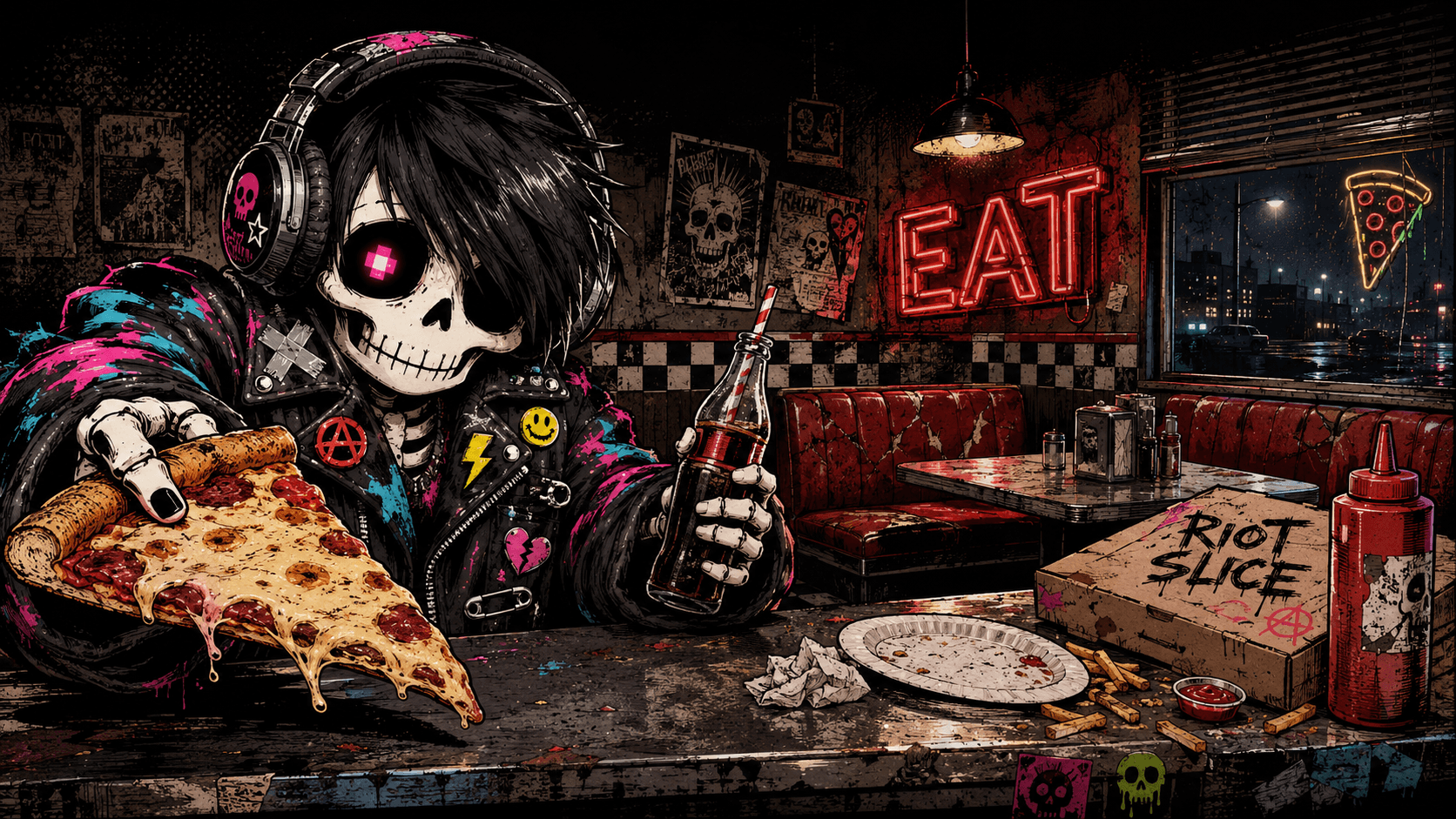 Food channel banner — Kid Ghost holding a slice in a punk diner