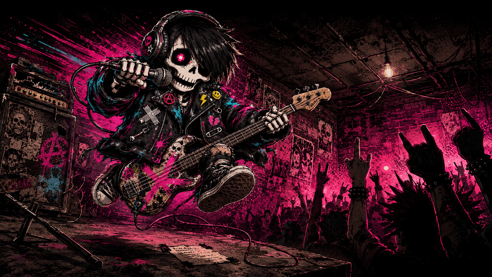 Music channel banner — Kid Ghost mid-jump on a basement punk stage