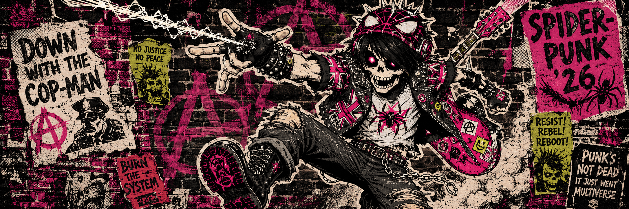 Nerd channel banner — Kid Ghost cosplaying as Spider-Punk mid-leap