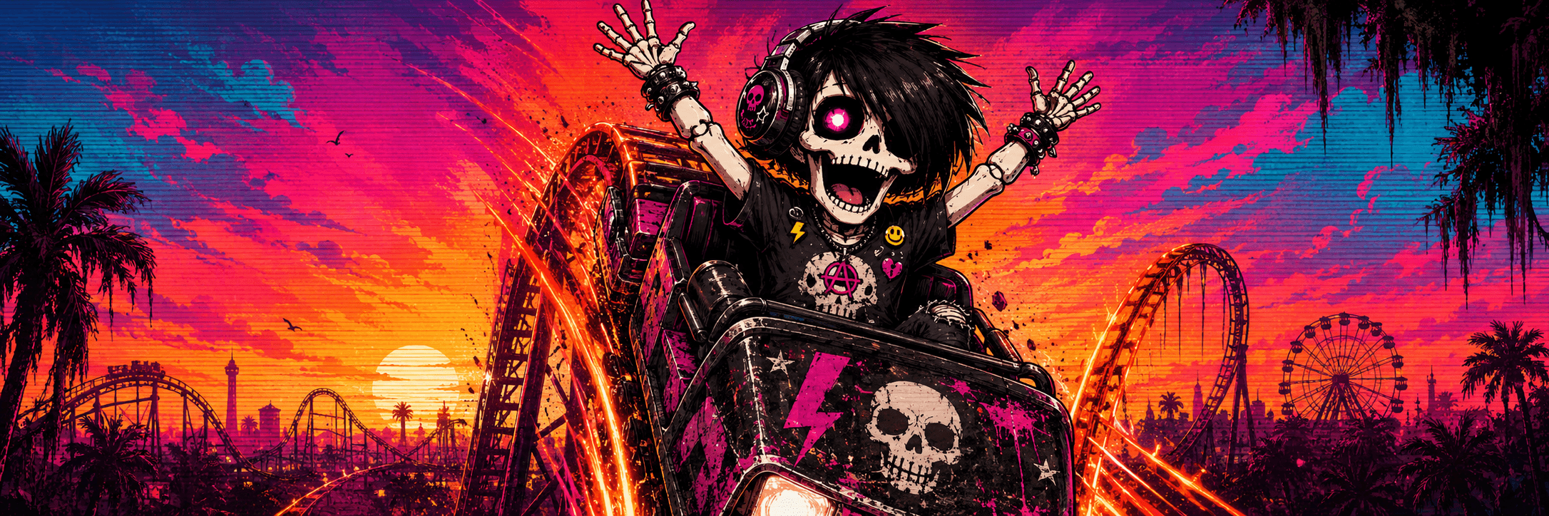 Orlando channel banner — Kid Ghost on a neon rollercoaster at sunset