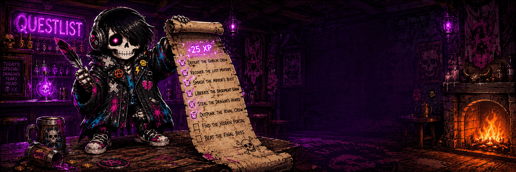 Quests channel banner — Kid Ghost in a violet-lit punk tavern checking off a glowing scroll
