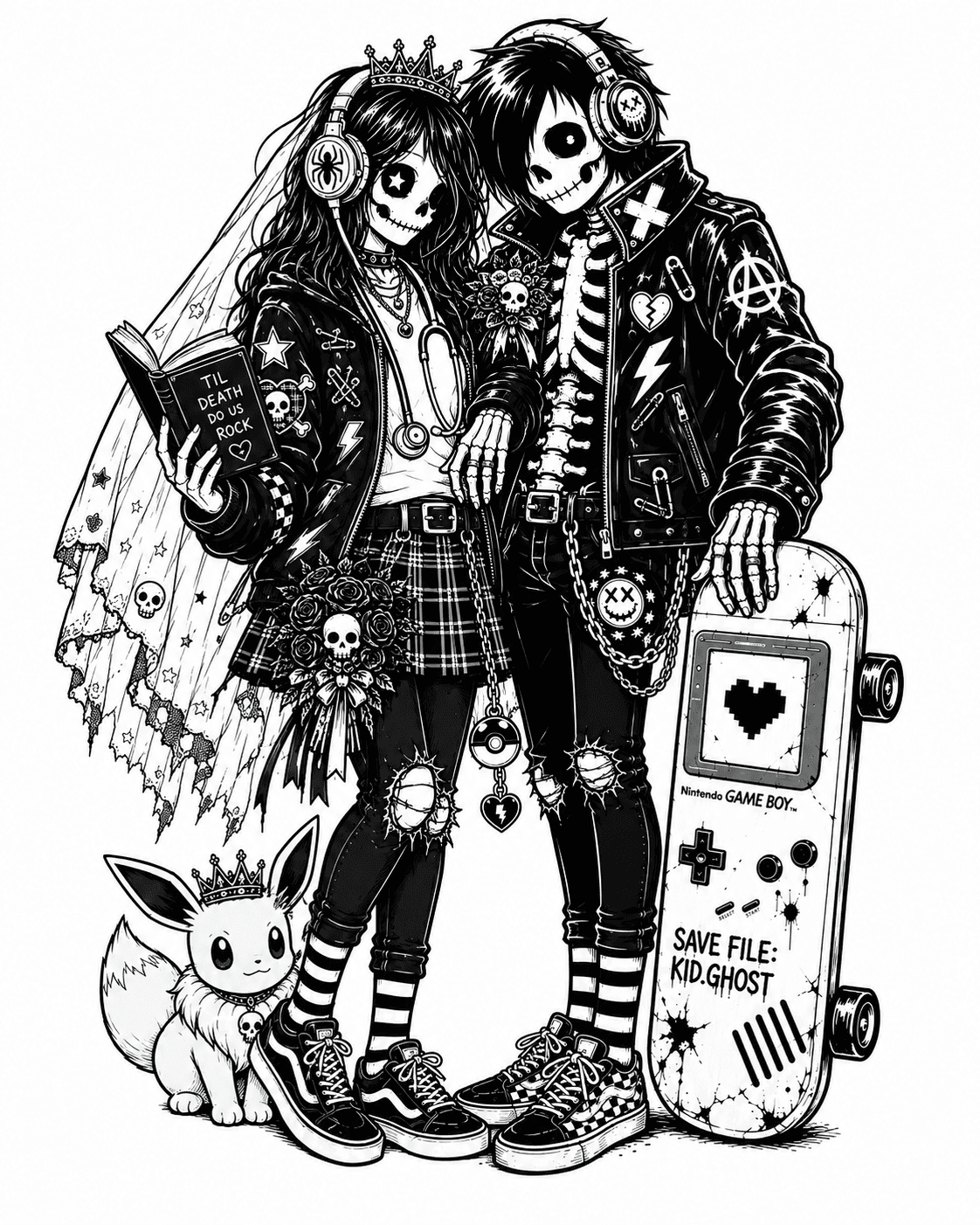 Kid Ghost and Marlinda — a punk skeleton bride and groom, TIL DEATH DO US ROCK